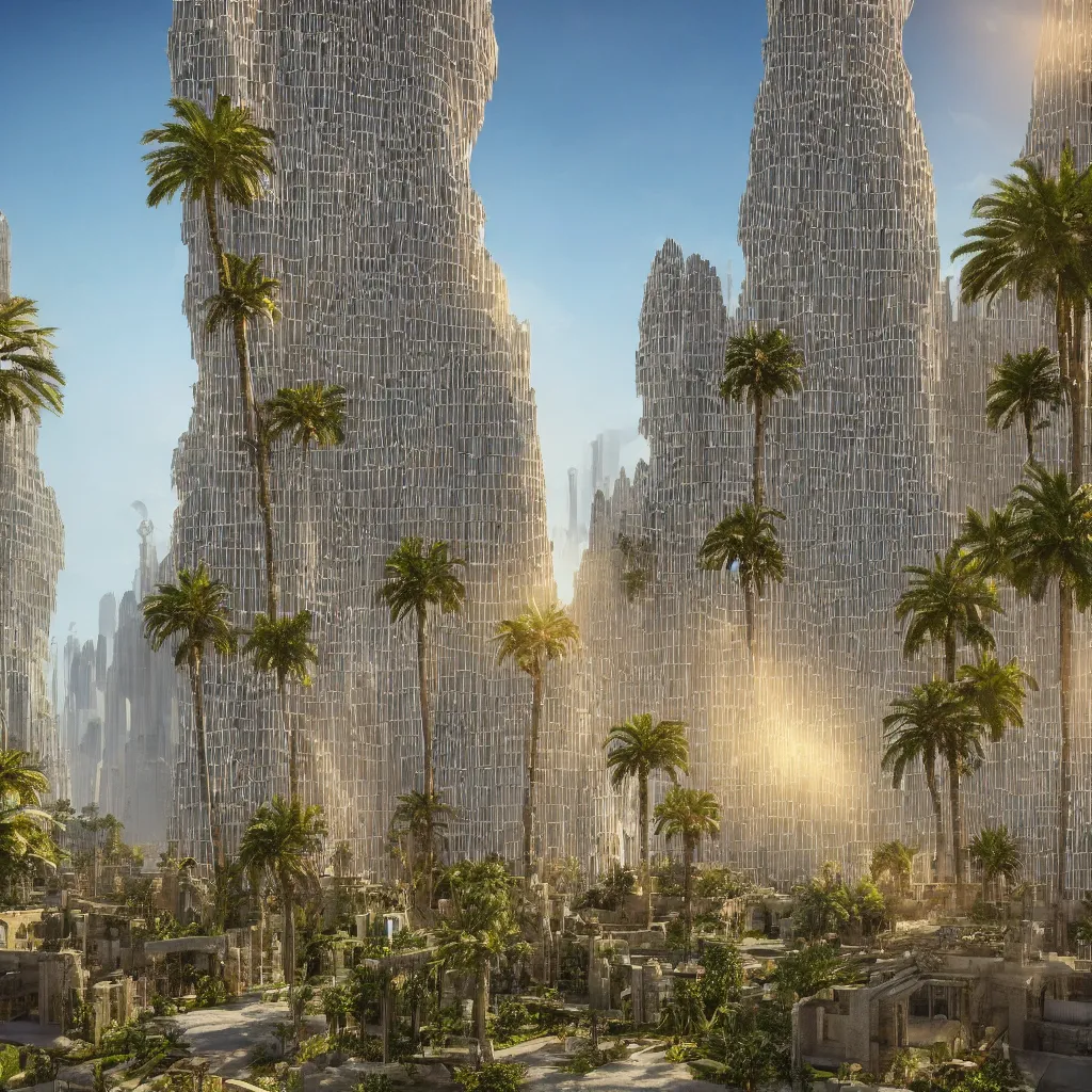 Prompt: photorealistic photo a contemporary babylon tower, golden details, stone facade, sacred geometry architecture, cascading highrise, arid mountains with lush palm forest, god rays, sunlight, post - production, octane, cgi, sfx