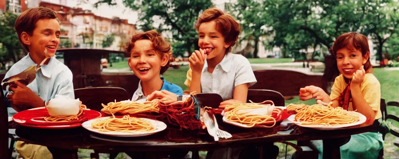 Image similar to a boy and girl on a date, sharing a plate of spaghetti kodachrome, in the style of lady and the tramp, retro