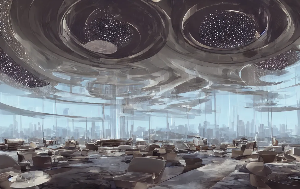 Image similar to a luxury futuristic hotel lounge interior, very tall round crystal ceiling, hovering in the clouds, by Ao Wou Ki and syd mead, octane rendering, 8k, trending on artstation, 16mm full frame lens, kodak film