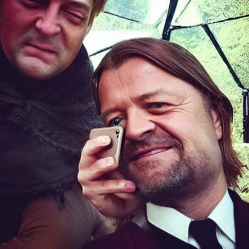 Image similar to “Joffrey Baratheon, taking a selfie with Ned Stark”