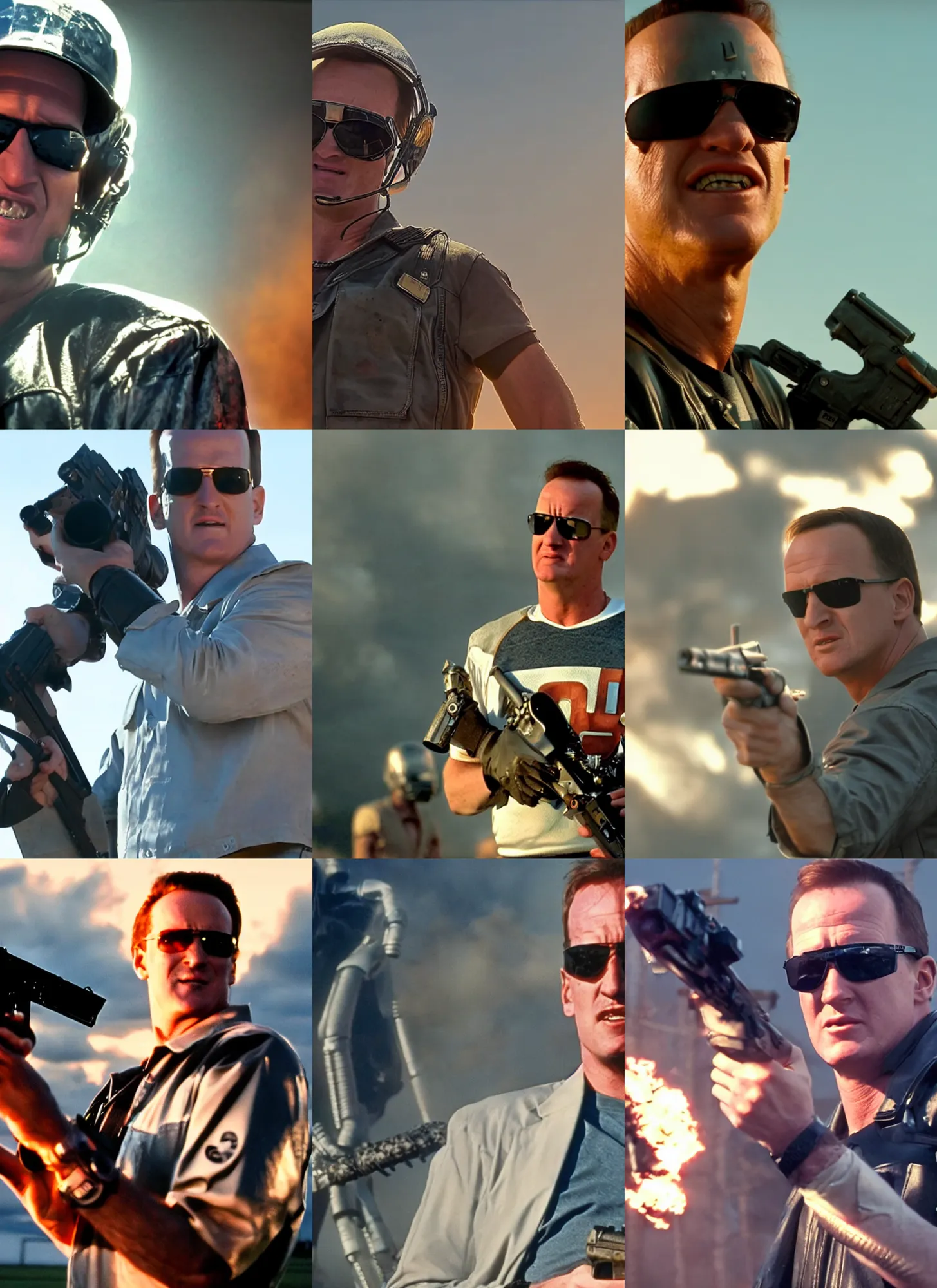 Prompt: peyton manning as the t 1 in terminator, golden hour, sunglasses, minigun, movie screen capture, 4 k, hdr