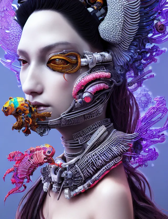 Image similar to 3 d goddess close - up profile portrait cyberpunk with ram skull. beautiful intricately detailed japanese crow kitsune mask and clasical japanese kimono. betta fish, jellyfish phoenix, bio luminescent, plasma, ice, water, wind, creature, artwork by tooth wu and wlop and beeple and greg rutkowski