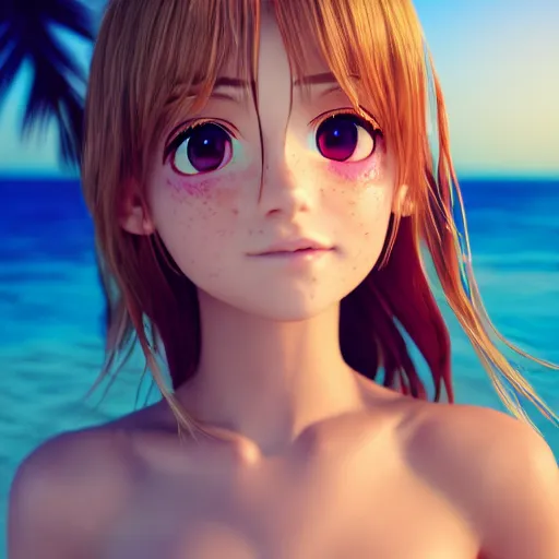 Image similar to Render of a very beautiful 3d anime girl, long hair, hazel eyes, cute freckles, full round face, short smile, cute sundress, golden hour, serene beach setting, medium shot, mid-shot, highly detailed, trending on Artstation, Unreal Engine 4k wallpaper