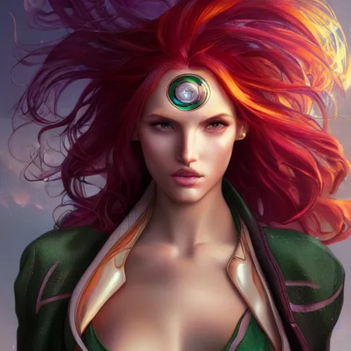 Image similar to ultra realistic illustration, bella thorne as starfire anime, intricate, elegant, highly detailed, digital painting, artstation, concept art, smooth, sharp focus, illustration, art by artgerm and greg rutkowski and alphonse mucha and wlop