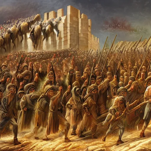 Image similar to the army of ancient Israel marching behind the ark of the covenant around the walls of ancient Jericho, Getting Attacked by a hoard of zombies, 8k high detail