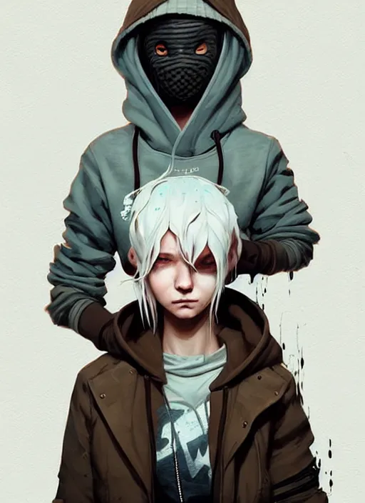 Image similar to highly detailed portrait of a sewer punk swedish young lady, hoodie, white hair by atey ghailan, by greg rutkowski, by greg tocchini, by james gilleard, by joe fenton, by kaethe butcher, gradient light blue, blonde, brown, cream and white color scheme, grunge aesthetic!!! ( ( graffiti tag wall background ) )