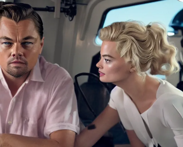 Image similar to leonardo dicaprio as the wolf of wall street next to margot robbie as naomi from the wolf of wall street in a helicopter, hyper realistic faces, beautiful eyes, cinematic, long shot, hyper detailed, 8 5 mm photograph, 8 k resolution, film still, sharp lens, wide lens