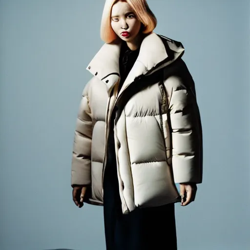 Image similar to realistic photoshooting for a new balenciaga lookbook, color film photography, portrait of a blonde asian woman, model wearing a puffer jacket, photo in style of tyler mitchell, 3 5 mm,