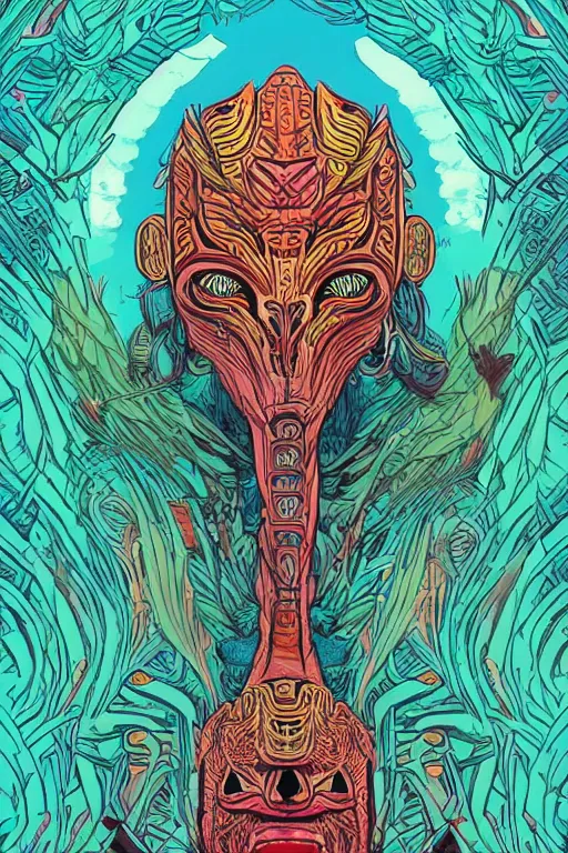 Image similar to totem animal tribal chaman vodoo mask feather gemstone plant video game illustration vivid color borderlands and by feng zhu and loish and laurie greasley, victo ngai, andreas rocha, john harris radiating a glowing aura