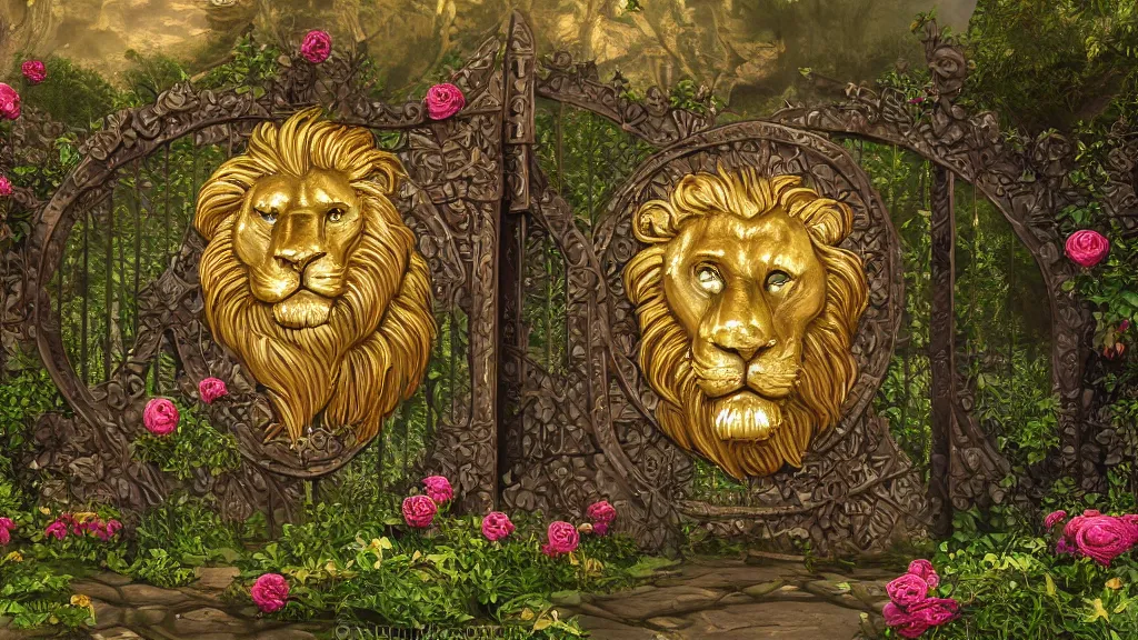 Image similar to A giant medieval fantasy gate with an gold carved lion face at the center in the middle of a beautiful fantasy landscape, vines with thorns around the gate, roses and all kinds of flowers, vivid vegetation, pastel color tones, clear clean, HD, illustration, epic, fantasy, intricate, elegant, highly detailed, digital painting, artstation, concept art, smooth, wallpaper, digital 2D, painterly style, high contrast, golden ratio, rule of thirds, Studio Ghibli, art by artgerm and greg rutkowski and alphonse mucha and jin xiaodi