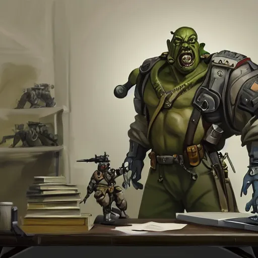 Image similar to greg manchess digital painting of an old dieselpunk orc military officer ( as an overwatch character ) with olive green skin sitting at a desk in his office, organic painting, matte painting, bold shapes, hard edges, street art, trending on artstation, by huang guangjian and gil elvgren and sachin teng