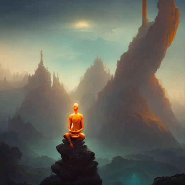 Image similar to in the style of peter mohrbacher, a glowing monk floating and meditating on a rock, dystopian landscape, intricate, masterpiece, award winning, fantasy, hyperrealism intricate