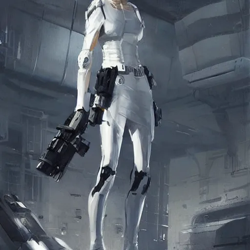 Image similar to concept art by greg rutkowski, a very tall, slender female soldier wearing futuristic white and black tactical gear, brutalist futuristic interior, dim lighting, detailed portraits, nostalgic atmosphere, scifi, digital painting, artstation, concept art, smooth, sharp foccus ilustration, artstation hq