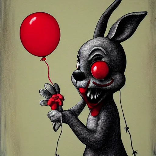 Prompt: grunge cartoon painting of a bunny with a wide smile and a red balloon by chris leib, loony toons style, pennywise style, horror theme, detailed, elegant, intricate
