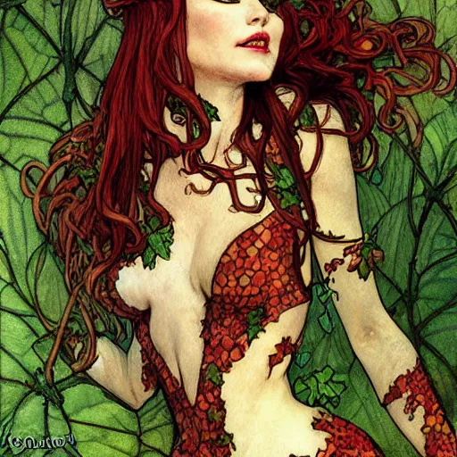 Prompt: a beautiful painting of poison ivy dressed as mary jane watson, intricate, elegant, highly detailed, digital painting, artstation, concept art, matte, sharp focus, illustration, art byby rebecca guay and by arthur rackham and by alphonse mucha and by john william waterhouse, comic book style!!