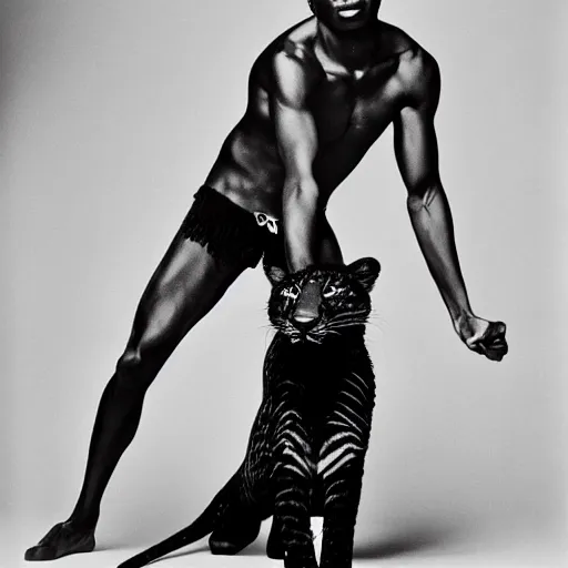 Image similar to the handsome african male model and the black leopard, black and white, by richard avedon,