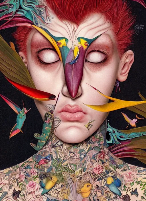 Image similar to an awkward punk woman with a crooked nose, cat eye, botanical, birds of paradise, portrait face, colorful, kupka, intricate, miles johnston, kuroda seiki, ozabu, godward, painterly, yoshitaka amano, moebius, miles johnston, louise zhang, james jean, mark ryden lowbrow pop surrealism art style