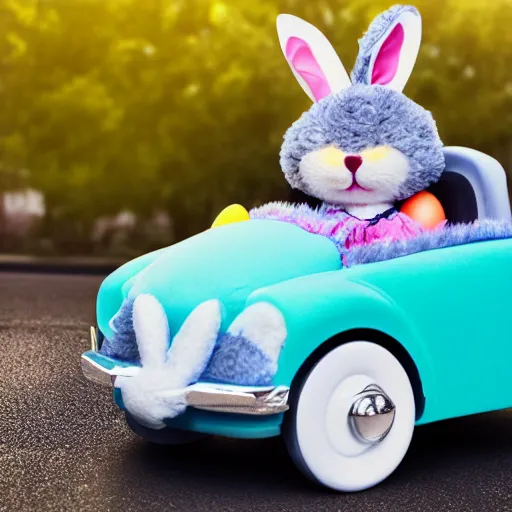 Image similar to easter bunny driving a convertible, studio photo, high quality