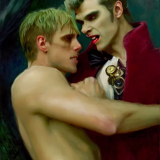 Image similar to attractive male, arthur pendragon confesses his love to attractive male dracula the vampire. highly detailed painting by gaston bussiere, craig mullins, j. c. leyendecker 8 k