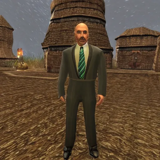 Image similar to Alexander Lukashenko wearing a suit and tie in Balmora in Elder Scrolls III: Morrowind, outdated 2002 Morrowind graphics, low definition, lowpoly