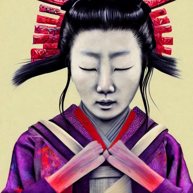Prompt: samurai woman in meditation, hyper realistic, illustration, digital paint, vivid colors