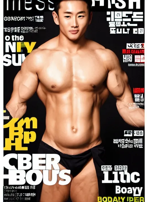 Prompt: cover of mens health korea featuring a pregnant male bodybuilder with a big belly, white background