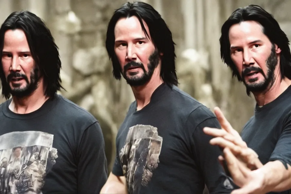 Image similar to film still of keanu reeves holding a t - shirt with keanu reeves on the sleeves in the new fantasy movie