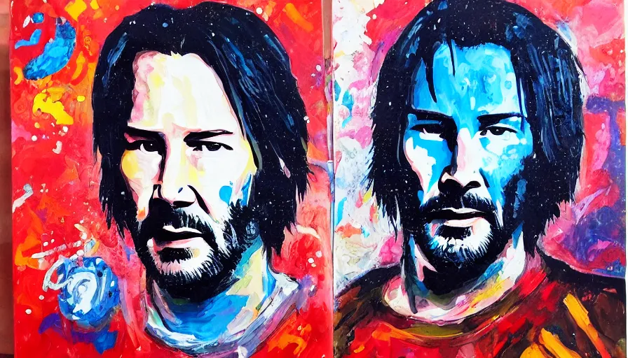 Image similar to Keanu reeves floating in space with a distressed look on his face, acrylic paint on canvas,