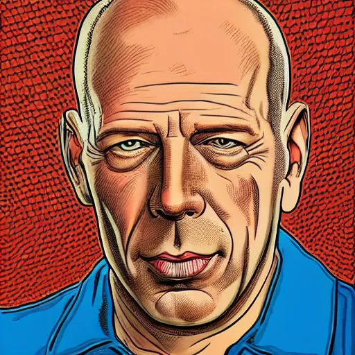 Image similar to a illustration portrait of Bruce Willis drawn by Robert Crumb