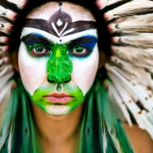 Image similar to minimalist photography portrait of an elaborately adorned female shaman warrior, face paint, symmetrical, super close up, mid thirties, cute round green slanted eyes, porcelain skin, wide nostrils, chubby cheeks, high flat eyebrows, ethereal essence, angelic, leica 1 0 0 mm f 0. 8