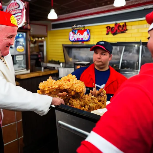 Prompt: a photograph of a reallife popeye the sailor man handing fried chicken to a customer at a popeye's chicken restaurant. he is behind the counter wearing a uniform