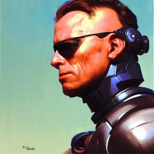 Image similar to greg manchess portrait painting of peter weller combined with the robocop as overwatch character, 8 0 ies aesthetic, medium shot, asymmetrical, profile picture, organic painting, sunny day, matte painting, bold shapes, hard edges, street art, trending on artstation, by huang guangjian and gil elvgren and sachin teng