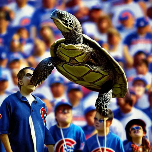 Image similar to turtle singing national anthem at chicago cubs game, by normal rockwell