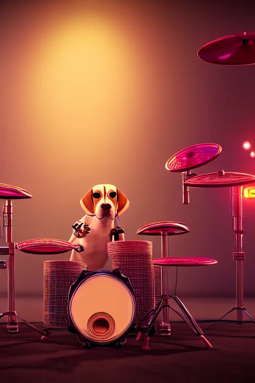 Image similar to high quality 3 d render very cute cyborg beagle plays drums!, cyberpunk highly detailed, unreal engine cinematic smooth, in the style of blade runner & pixar, hannah yata charlie immer, moody light, low angle, uhd 8 k, sharp focus