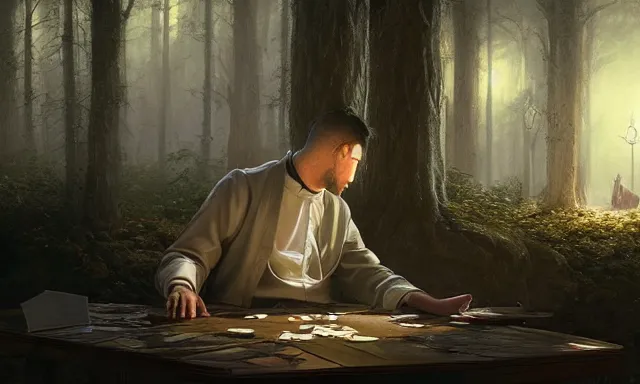 Image similar to priest doing a card trick, cardistry, swarm of cards, fantasy, digital art, soft lighting, nature, 8 k, fantasy concept art by greg rutkowski