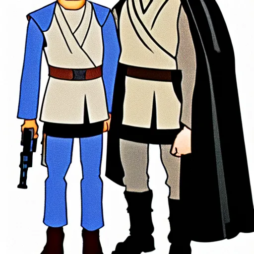 Image similar to cartoon of anakin skywalker and luke skywalker standing proudly shoulder to shoulder