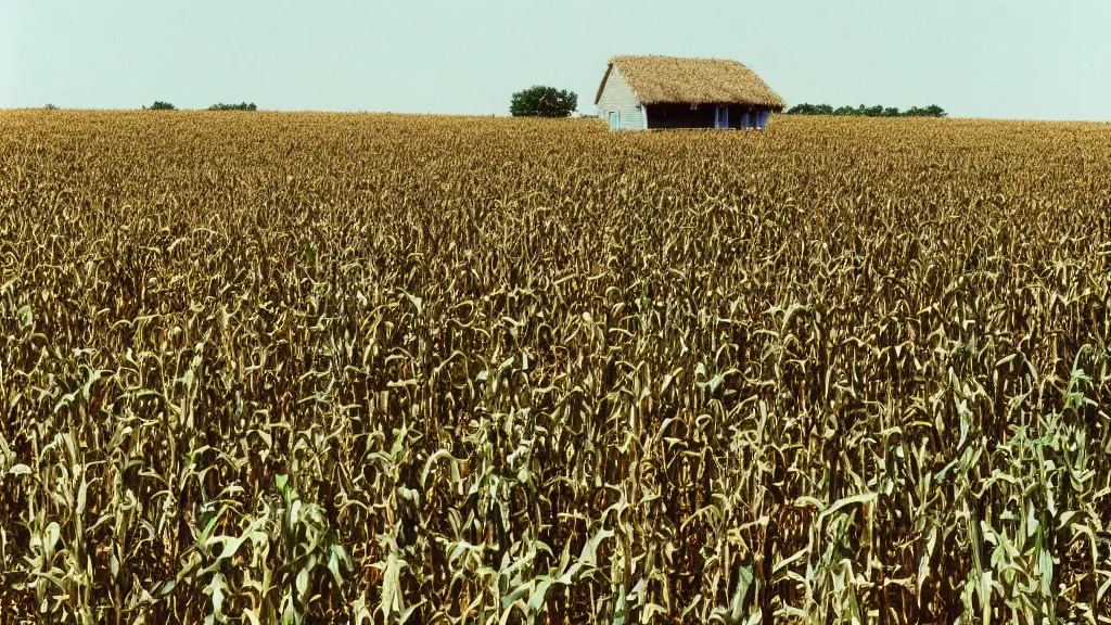 Prompt: fujicolor sample photo of a house in a corn field