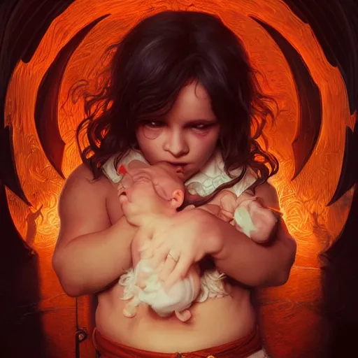 Image similar to cute baby demon in hell, intricate, highly detailed, digital painting, artstation, concept art, smooth, sharp focus, illustration, Unreal Engine 5, 8K, art by artgerm and greg rutkowski and alphonse mucha