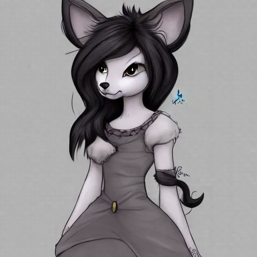 Image similar to headshot of young female furry, D&D, cute, fantasy, intricate, long hair, dark grey skin, mouse face, mouse nose, dark skin, mouse head, mouse ears, black hair, elegant, highly detailed, cartoony, artstation, concept art, smooth, sharp focus, illustration, art by Diives