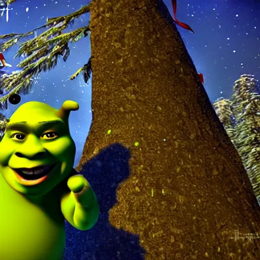 Image similar to shrek skiing, smiling, full body shot, cinematic lighting, studio quality