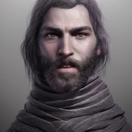 Prompt: a highly detailed portrait of a man without a beard, purple eyes, light gray colour hair, wearing a black cloak, artstation, DeviantArt, professional, octane render