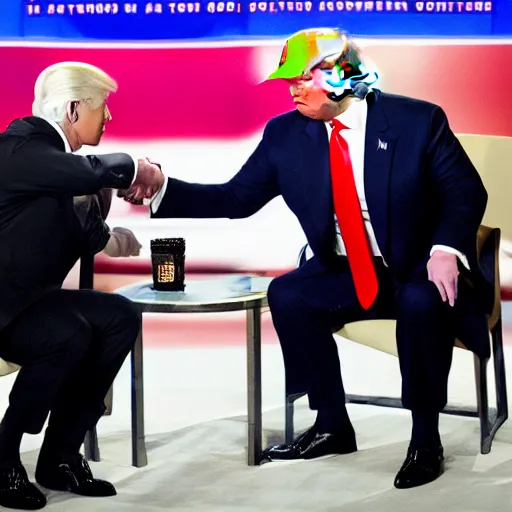 Image similar to anderson cooper and donald trump shaking hands