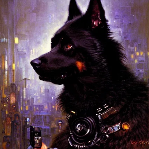 Image similar to a portrait of a black german shepard dogman canine neuromancer with human eyes furious angry holding computer console. shadowrun cyberpunk fantasy d & d highly detailed painting by gaston bussiere craig mullins jc leyendecker gustav klimt artgerm greg rutkowski