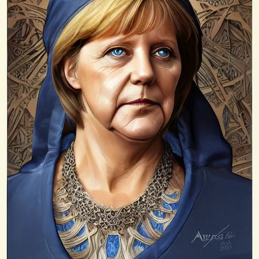 Image similar to Portrait of Angela Merkel with beard, D&D, blue eyes, face, dark fantasy, intricate, elegant, highly detailed, digital painting, artstation, concept art, smooth, sharp focus, illustration, art by artgerm and greg rutkowski and alphonse mucha