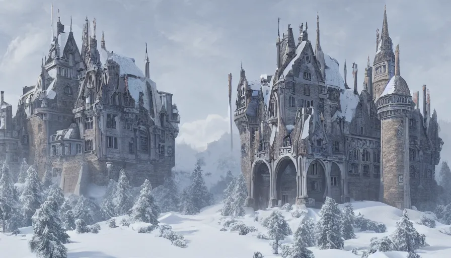 Prompt: Digital painting of a Neo-Gothic castle built into a snow-caped mountain, wide angle, hyperdetailed, artstation, cgsociety, 8k
