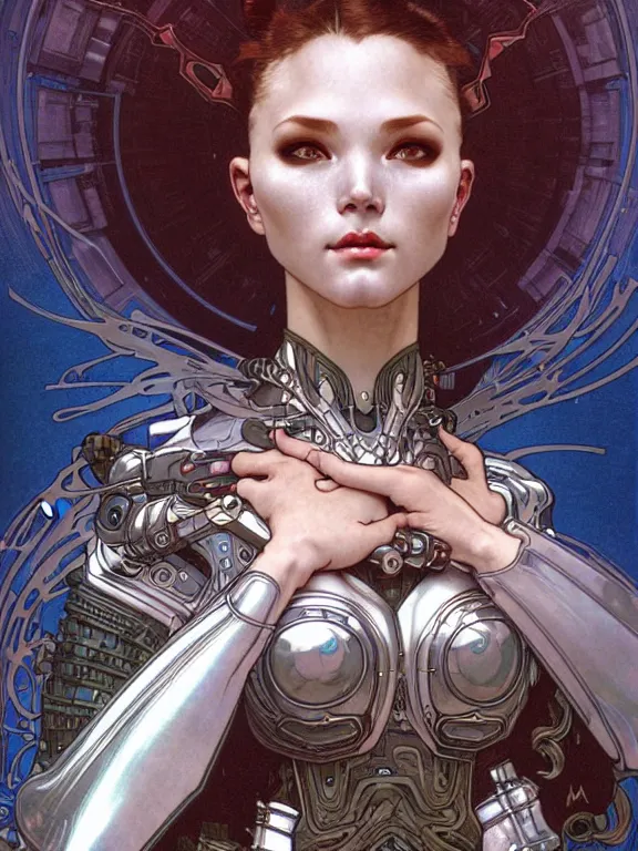 Prompt: realistic detailed face portrait of one divine futuristic heroine with few parts of vikins cyberpunk armor, minimal sleak design armor style, by moebius, alphonse mucha, ayami kojima, amano, greg hildebrandt, and mark brooks, feminine, sexy, female, seductive, art nouveau, cyberpunk, neo - gothic, gothic, character concept design,