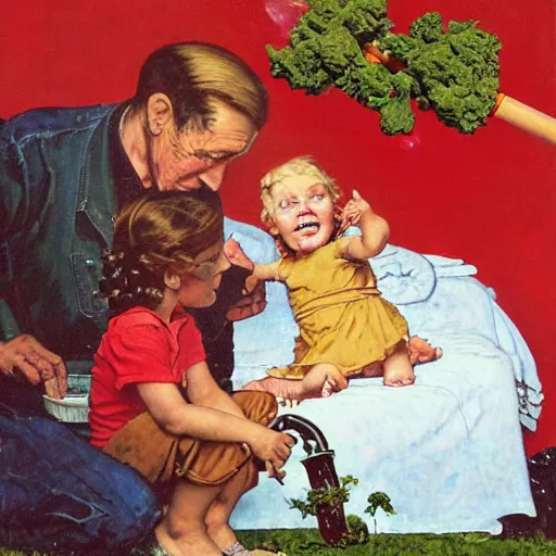 Prompt: a painting, style of norman rockwell and john burkey, one mother and her one very young daughter, in long dresses, fully clothed, with clothes on, smoking a bowl of hash together, from a huge red glass bong, sitting in a field of cannabis, with clouds in the sky
