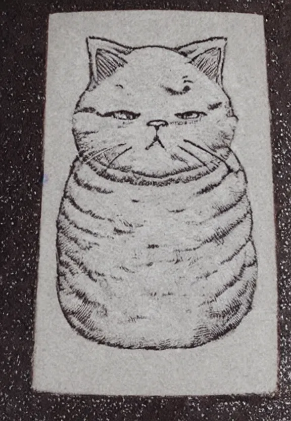 Image similar to woodblock etch of the most chubby cute cat ever, this cute chunky monster has rolls, epic cat