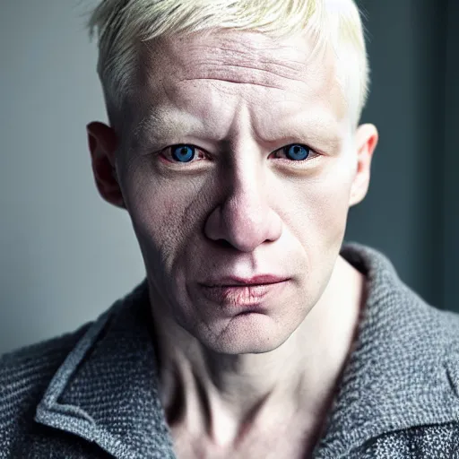 Prompt: color portrait of a middle aged albino male model by emmanuel lubezki