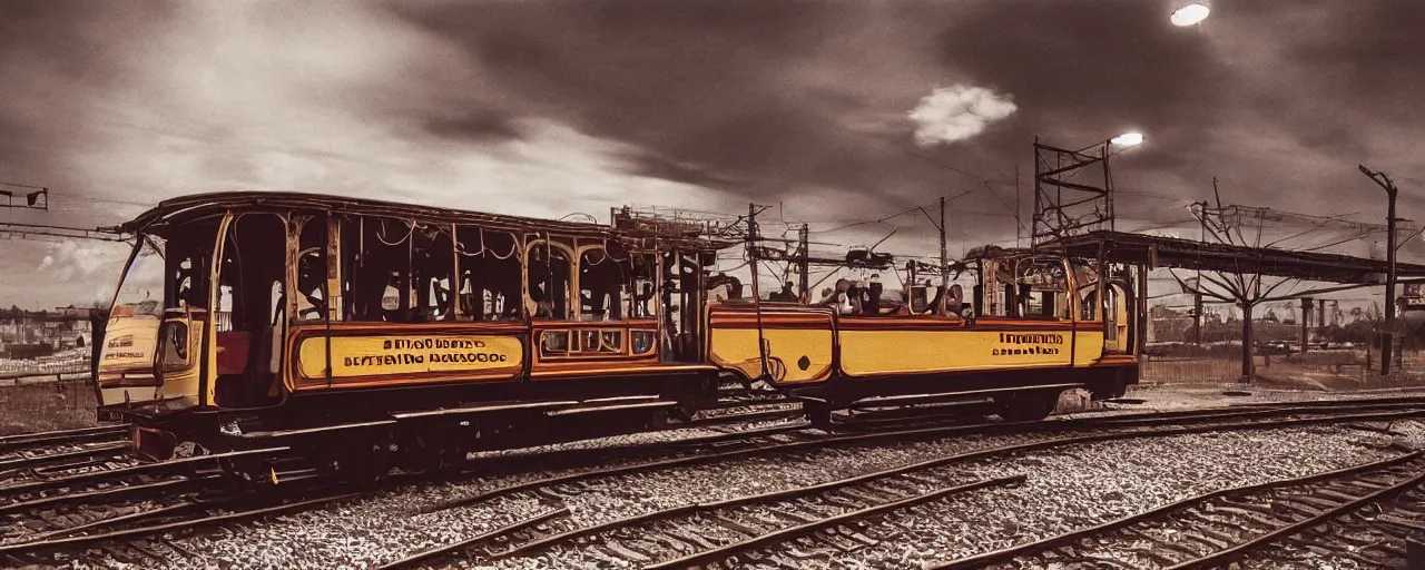 Image similar to early train built with spaghetti engines, canon 5 0 mm, cinematic lighting, photography, retro, kodachrome film